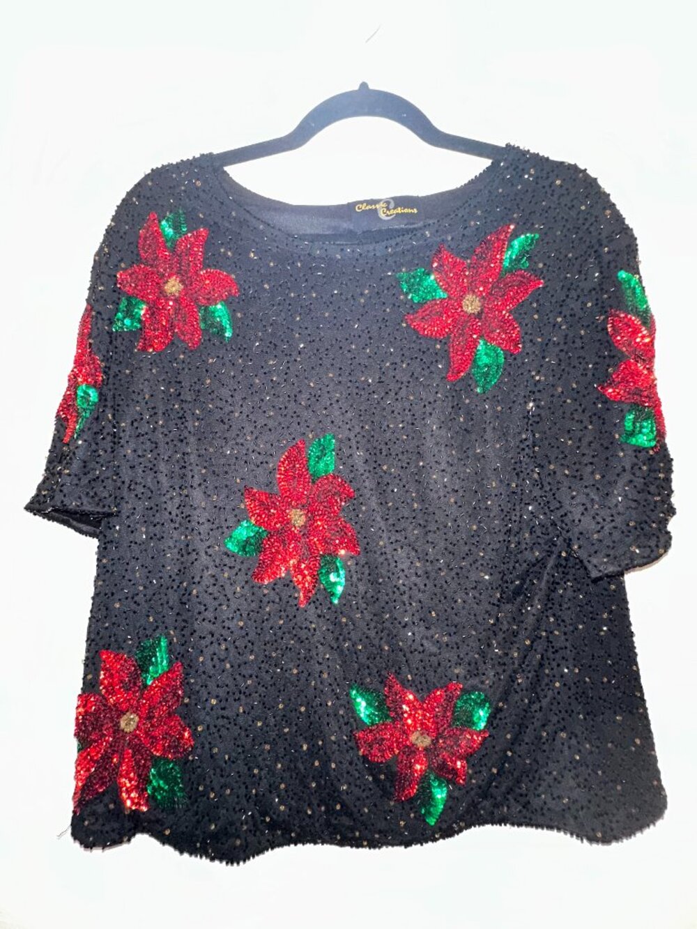 Classic Creations Vintage Beaded Sequin Poinsettia Christmas Holiday Top